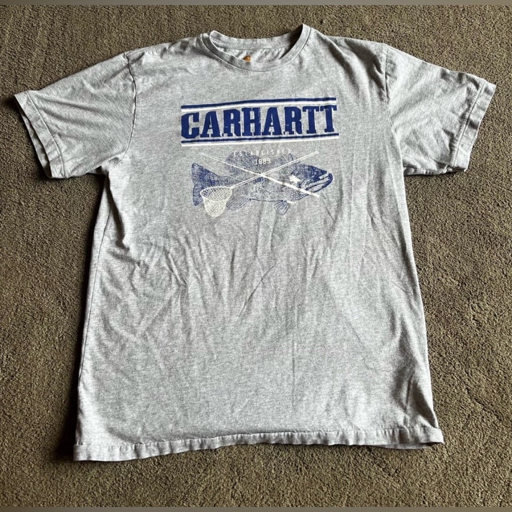 Carhartt Adult size Medium Grey Short Sleeve Fish Themed Shirt
